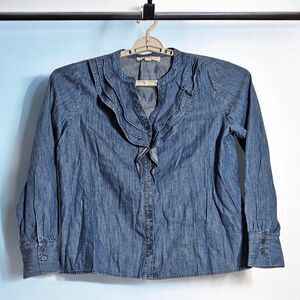 Loft Womens M Blue Ruffled Long Sleeve Blouse Denim Look Top Casual Lightweight